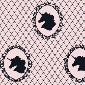 Unicorn Cameo Portrait Pattern in Midnight Black on Rosewater Pink