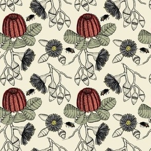 Banksia and Bee / cream background