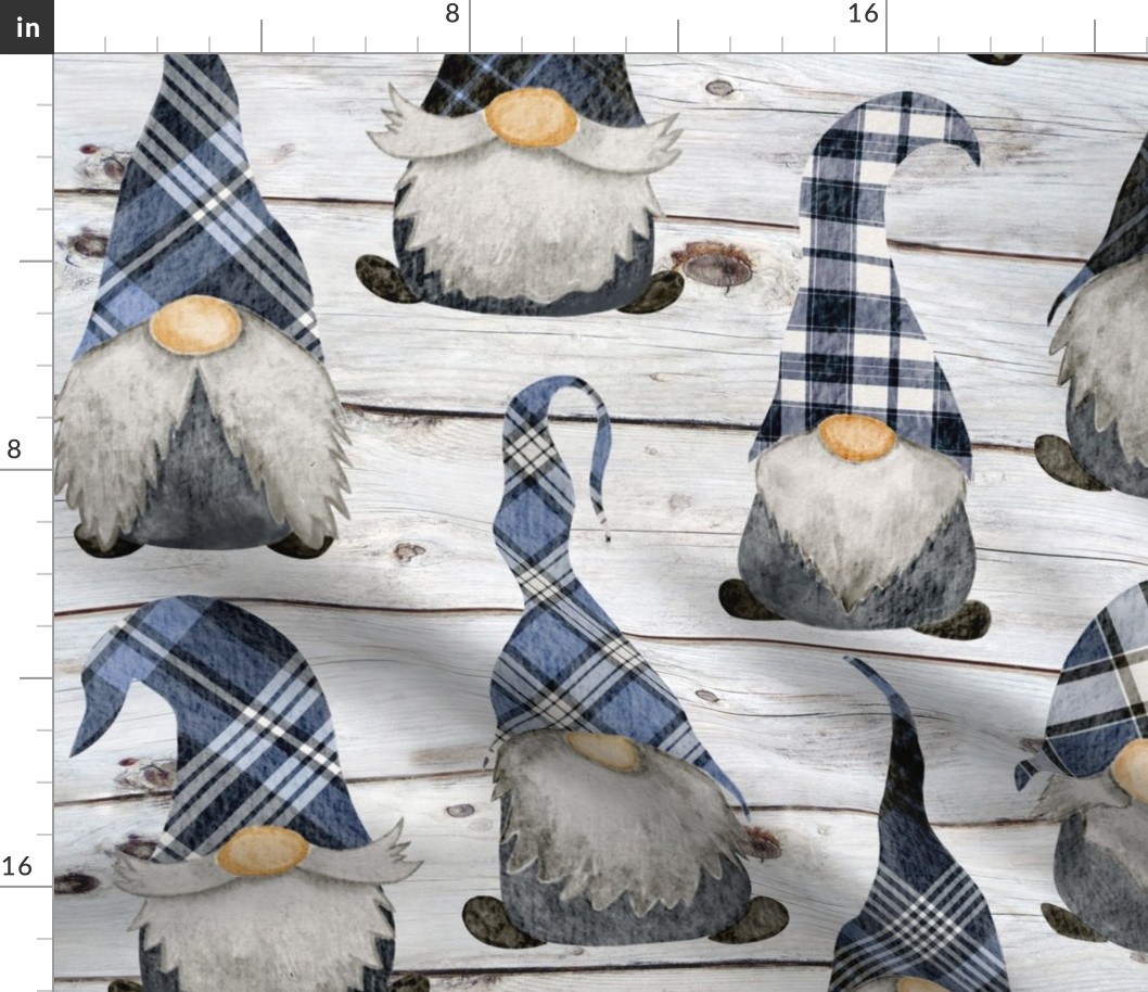 Blue Plaid Gnomes on Shiplap - large scale