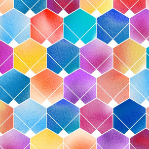 Watercolor hexagons - orange and blue - large scale