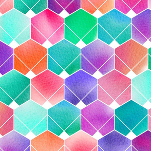 Watercolor hexagons - green and purple - large scale