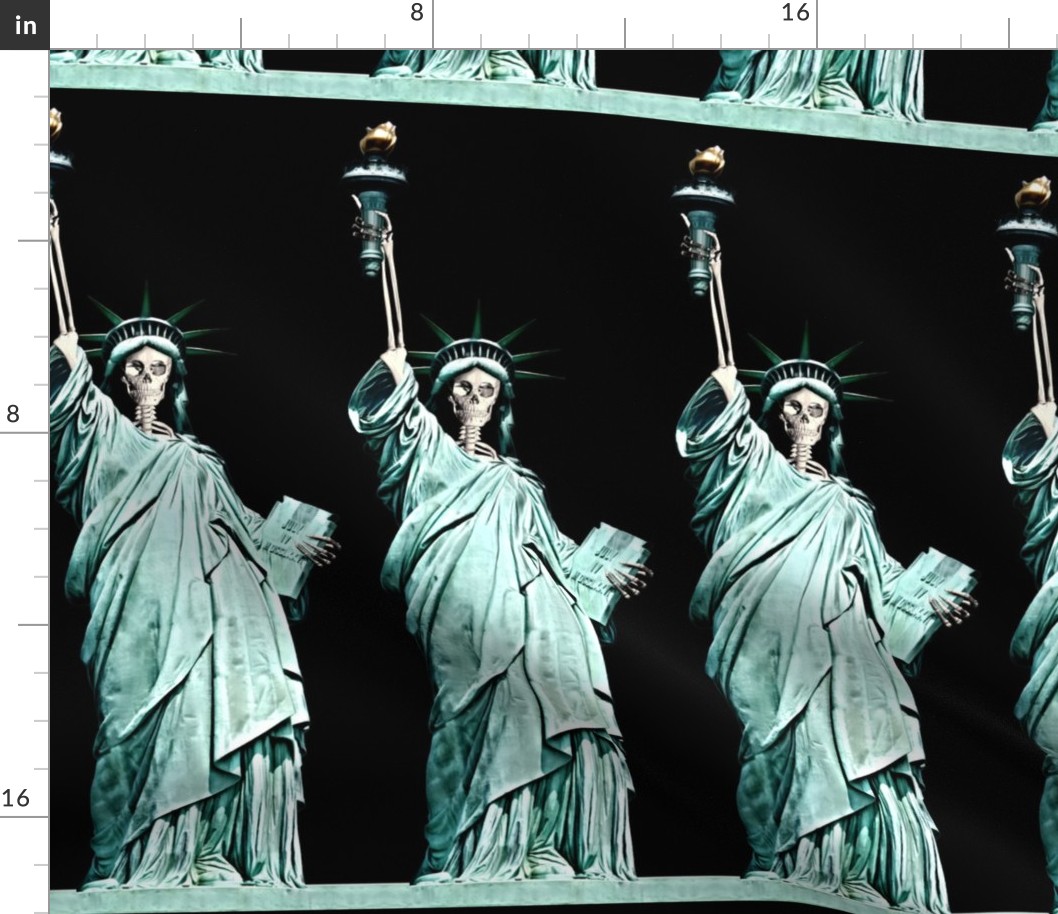 3 skeletons skull statue of liberty lady new York united states America sculpture USA freedom  4th July declaration independence day torch parody eerie macabre spooky bizarre morbid gothic horror woman roman Greek goddess full body UNESCO world heritage s