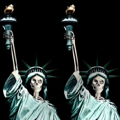 4 skeletons skull statue of liberty lady new York united states America sculpture USA freedom  4th July declaration independence day torch parody eerie macabre spooky bizarre morbid gothic horror woman roman Greek goddess half body bust UNESCO world herit