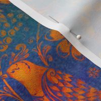 (Medium 13x13) Birds and Flowers in Russian Folk Style Rustic Orange on Blue medium-scale