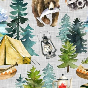 Camping in the Wilderness Lakes of Canada / Grey Linen Textured Background / Large Scale