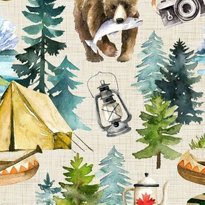 Camping in the Wilderness Lakes of Canada / Beige Linen Textured Background / Large Scale