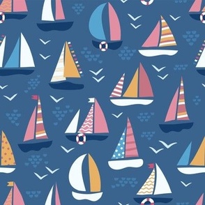 Sailboats and seagulls pattern blue