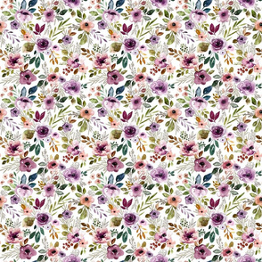 Autumn Amethyst  Watercolor Floral Sprays on White Mid