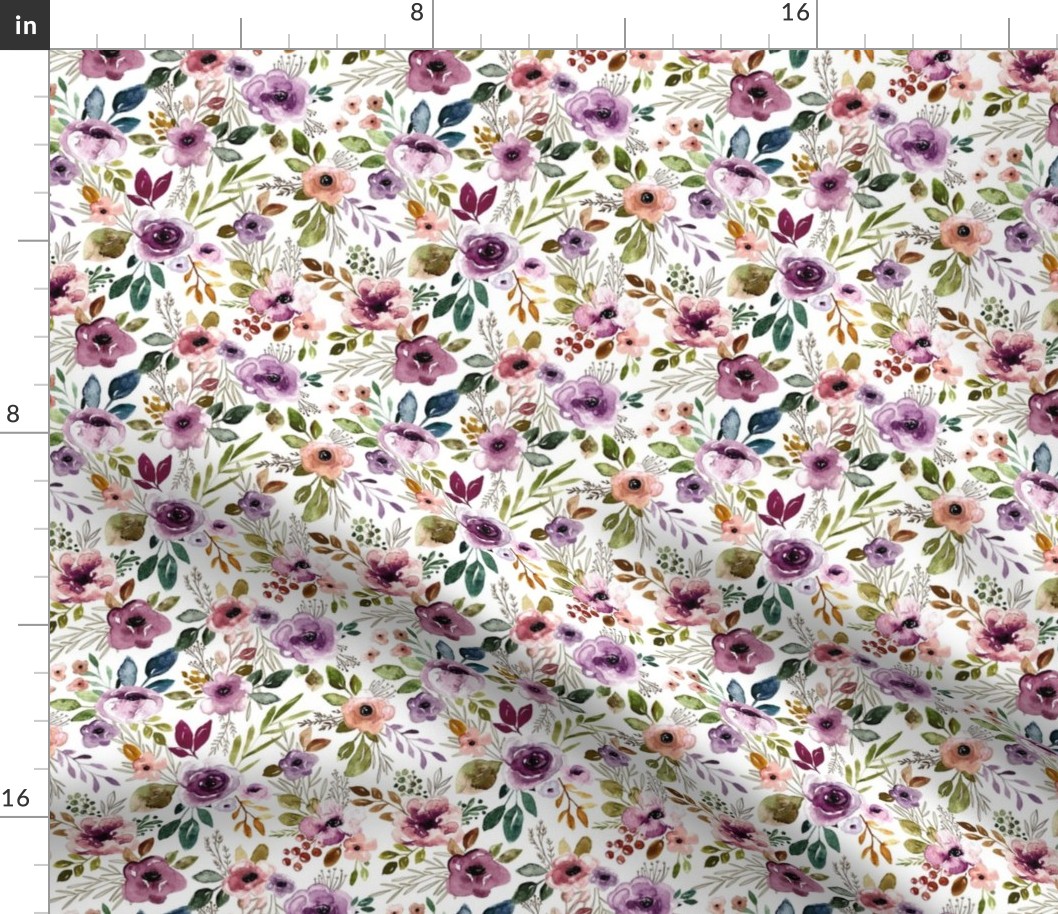 Autumn Amethyst  Watercolor Floral Sprays on White Mid
