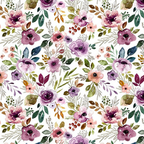 Autumn Amethyst  Watercolor Floral Sprays on White Large