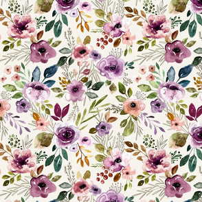 Autumn Amethyst  Watercolor Floral Sprays on Cream Large