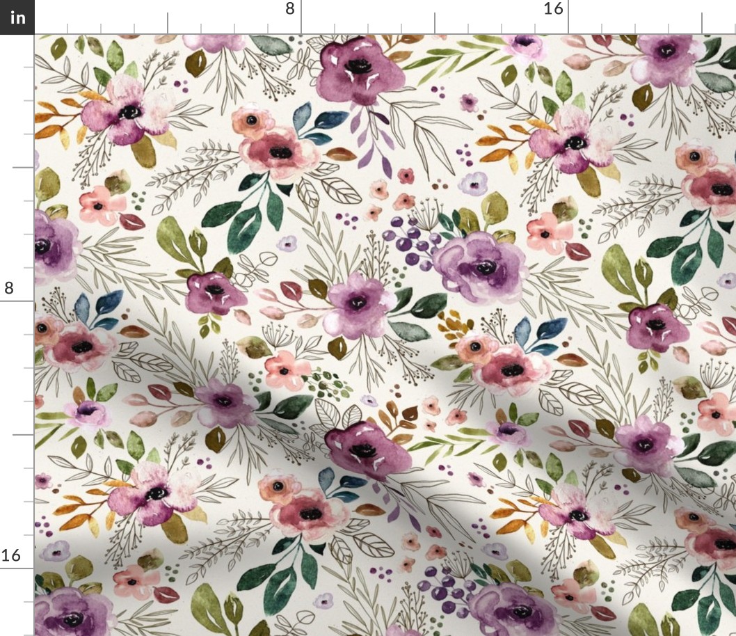 Autumn Amethyst Cream Watercolor Floral Large