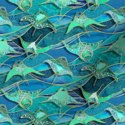 Patchwork Manta Rays in Teal Blue and Jade Green - small