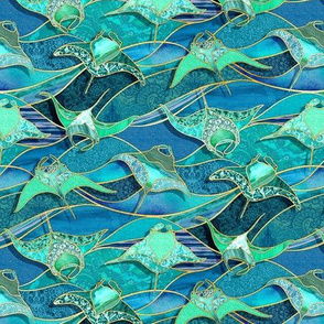 Patchwork Manta Rays in Teal Blue and Jade Green - small