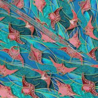 Patchwork Manta Rays in Turquoise Blue and Ruby -  small