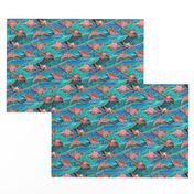 Patchwork Manta Rays in Turquoise Blue and Ruby -  small