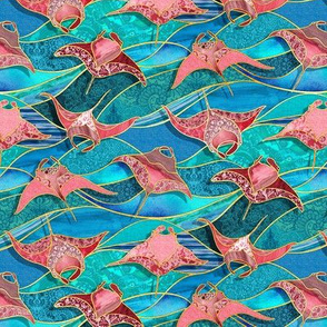 Patchwork Manta Rays in Turquoise Blue and Ruby -  small