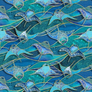 Patchwork Manta Rays in Ocean Blues - small