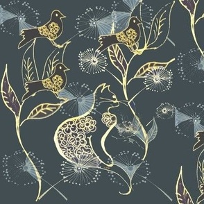 Toile Line Art -Gold & Blue Cat & Bird Garden On Dark Shadow Blue