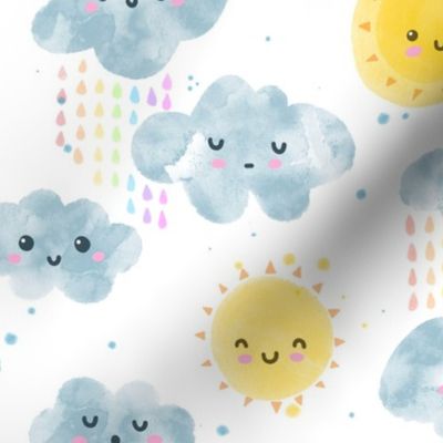 Kawaii watercolor clouds and suns