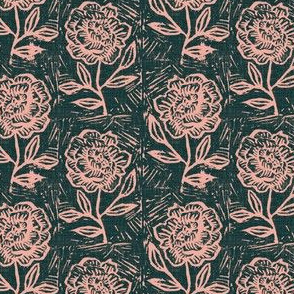 small scale- rustic block print floral - jungle teal and pink
