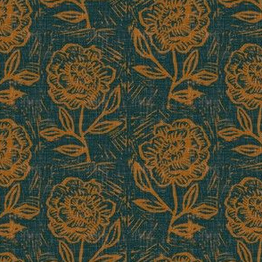 small scale - rustic block print flower - teal - inverse