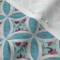 Cathedral window quilt pattern Cyan flowers