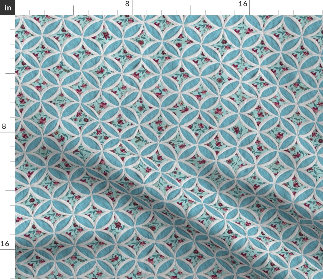 Cathedral window quilt pattern Cyan flowers