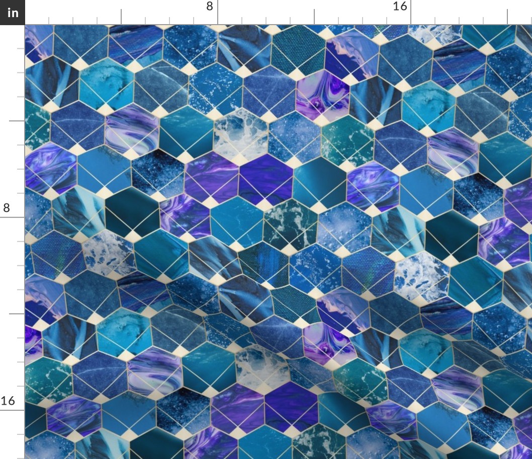 Hexagons with textures - blue - 12 in