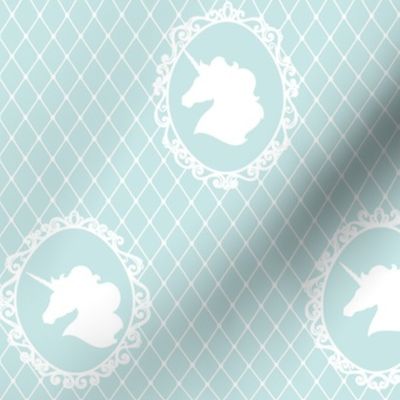 Unicorn Cameo Portrait Pattern in White on Light Cyan