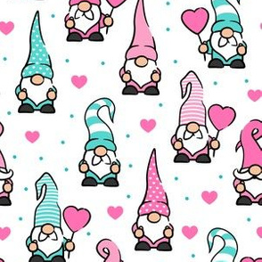 Valentine Gnomes - pink and teal on white - cute gnomes - LAD20