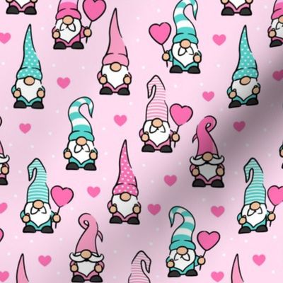 Valentine Gnomes - pink and teal on pink - cute gnomes - LAD20