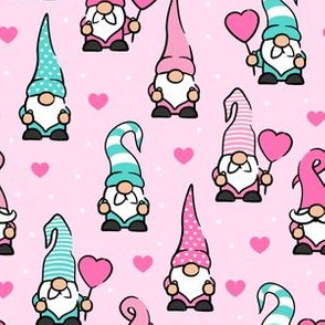 Valentine Gnomes - pink and teal on pink - cute gnomes - LAD20