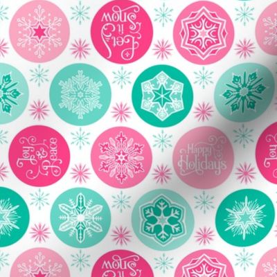 Happy Holidays Snowflakes - White Pink Teal