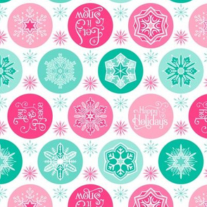 Happy Holidays Snowflakes - White Pink Teal
