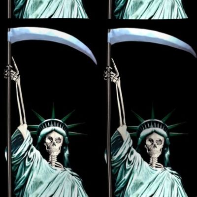 6 skeletons skull grim reaper death scythe statue of liberty lady new York united states America sculpture USA freedom  4th July declaration independence day parody eerie macabre spooky bizarre morbid gothic horror woman roman Greek goddess half body bust