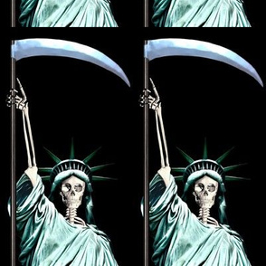 6 skeletons skull grim reaper death scythe statue of liberty lady new York united states America sculpture USA freedom  4th July declaration independence day parody eerie macabre spooky bizarre morbid gothic horror woman roman Greek goddess half body bust