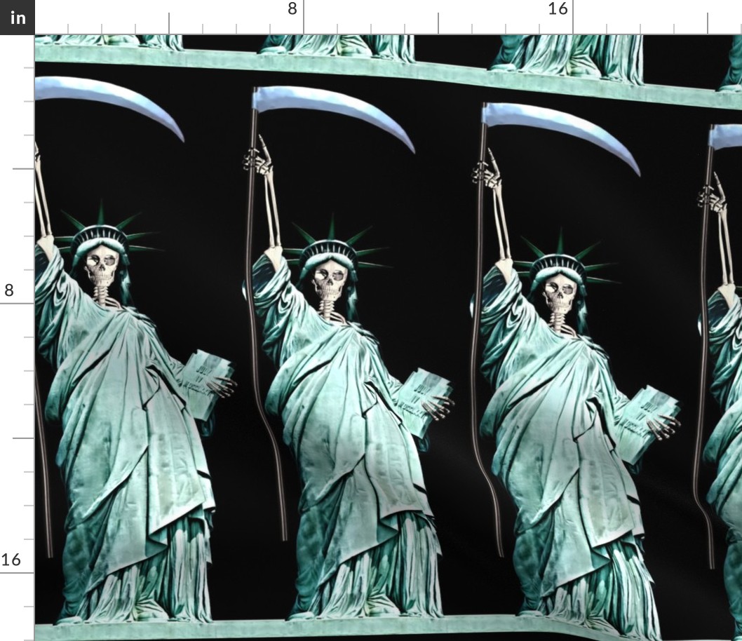5 skeletons skull grim reaper death scythe statue of liberty lady new York united states America sculpture USA freedom  4th July declaration independence day parody eerie macabre spooky bizarre morbid gothic horror woman roman Greek goddess full body bust