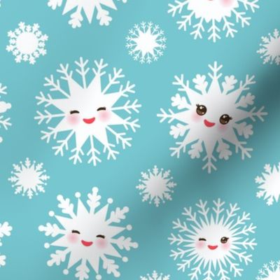 Kawaii snowflake white funny face with eyes and pink cheeks on sky light blue background