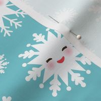 Kawaii snowflake white funny face with eyes and pink cheeks on sky light blue background