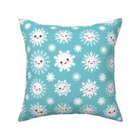 Kawaii snowflake white funny face with eyes and pink cheeks on sky light blue background