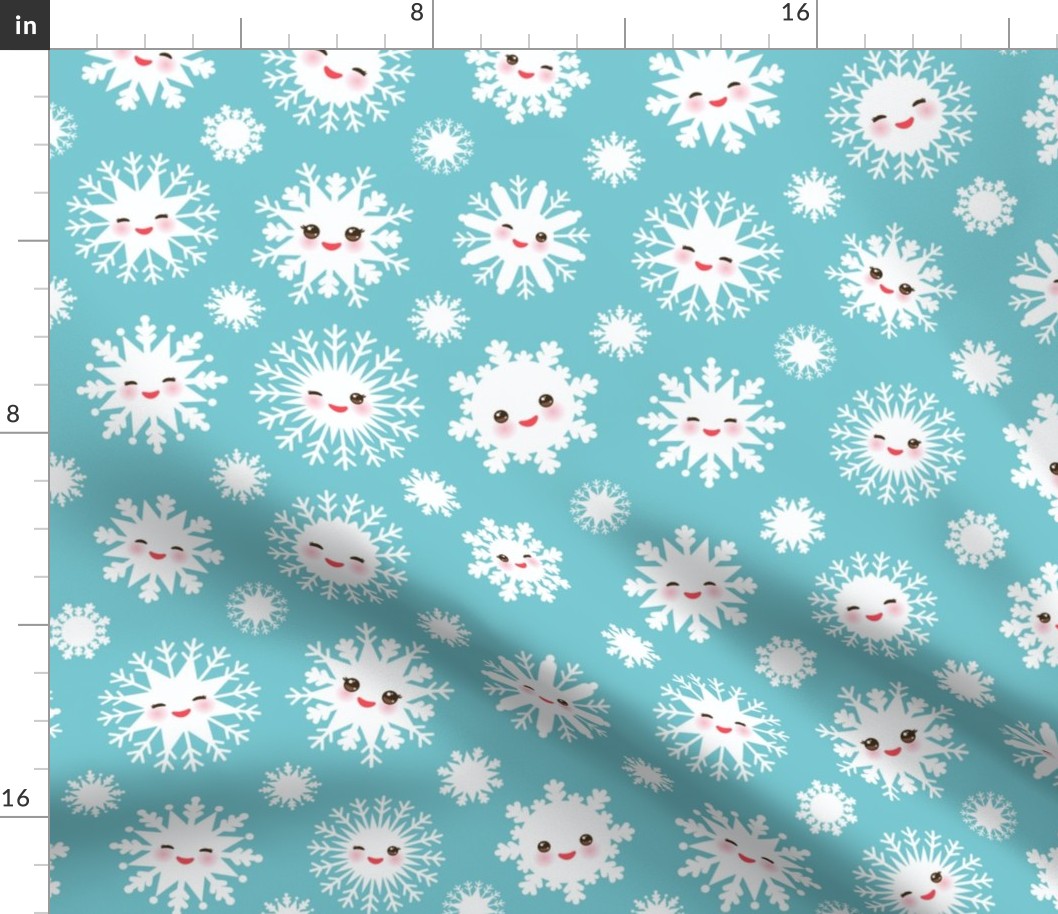 Kawaii snowflake white funny face with eyes and pink cheeks on sky light blue background