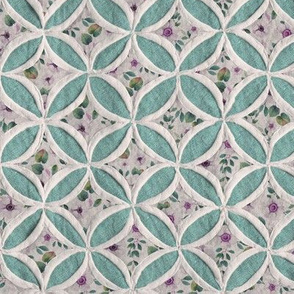 Cathedral window quilt pattern green and lilac flowers