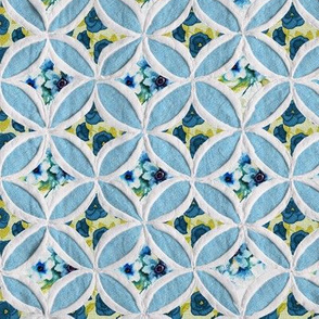 Cathedral window quilt pattern green and blue flowers