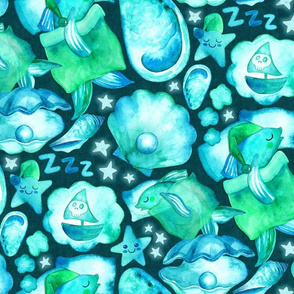 Fin-tastic Dreams on an Ocean Bed - blue and green watercolor - medium