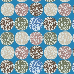 Retro batik, circles and scribbles, blue - medium scale