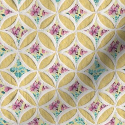 Cathedral window quilt pattern yellow and fucsia