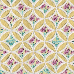 Cathedral window quilt pattern yellow and fucsia