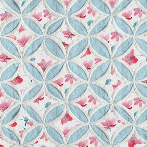 Cathedral window quilt pattern red and aqua flowers