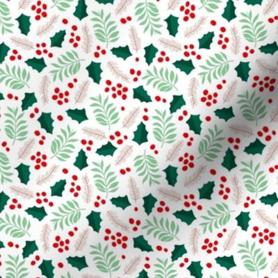 Botanical christmas boho garden pine leaves holly branch berries green red jumbo SMALL